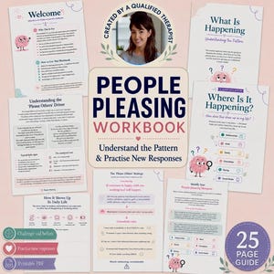 May include: A 25-page People Pleasing Workbook featuring a central title card, a portrait of a therapist, and multiple informational pages with headers like Welcome, What Is Happening, and Where Is It Happening, all decorated with pink brain icons.