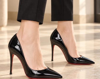 Glossy Black Pumps for Women, Pointed Toe Stiletto Heels, Red Sole High Heels, Classic Evening Party and Wedding Shoes