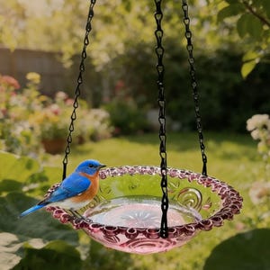 Puede incluir: Un bebedero decorativo colgante con un pájaro azul y naranja posado en el borde. El bebedero es de vidrio transparente con un borde rosa y está suspendido por cadenas negras. El fondo es una escena de jardín borrosa.