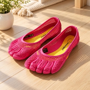 Può includere: Un paio di scarpe a cinque dita color rosa acceso con tomaia in rete traspirante. Il plantare interno è giallo e riporta il logo Vibram. Le scarpe presentano scomparti individuali per le dita e una suola flessibile per il movimento.