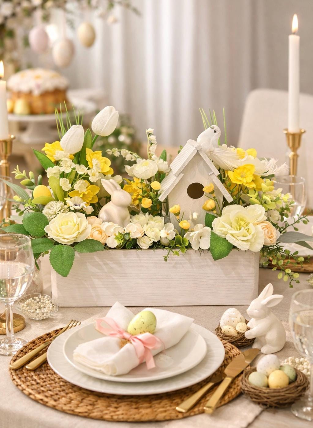 Easter Centerpiece With Bunny and Birdhouse, Spring Table Decor, Easter ...