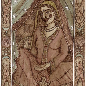 May include: A watercolor painting of a woman in a pink robe sitting on a patterned rug. She has a beaded necklace and a third eye painted on her forehead. The woman is holding her hands out in front of her. The background is a blue and green watercolor wash with stars.