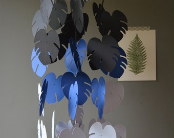 Sale Monstera leaves mobile, baby mobile, tropical mobile made from black, navy and grey card stock --- Botanical mobile, paper leavesmobile