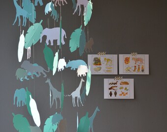 Jungle animal nursery mobile or baby mobile made from grey, white, blue and seagreen card stock Serengeti mobile, babygift or Jungle