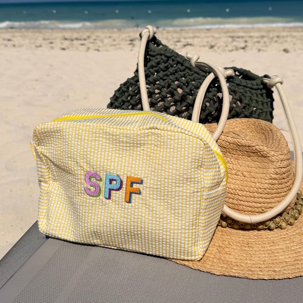 Embroidered Seersucker Makeup Bag | Custom Personalized Monogram Pouch | Cosmetic Bag, Diaper Pouch, Bridesmaid Gift