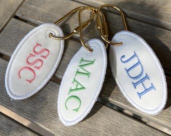 Monogram Bag Charm - Embroidered Custom Initial Keychain with Gold Carabiner - Luggage Tag