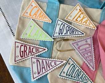 Custom Embroidered Pennant Bag Charm | Faux Leather Keychain, Gold Carabiner | Luggage Tag, Grad Gift