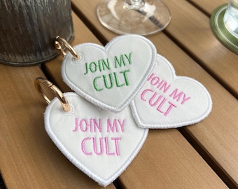 Embroidered Join My Cult Bag Charm Heart Keychain | Personalized Bag Tag