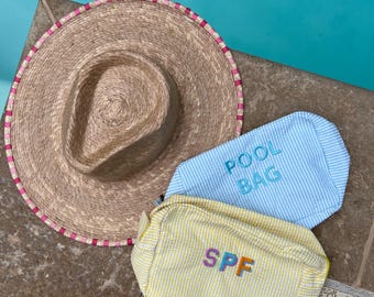 Custom Embroidered Beach Bag | Personalized Monogram Seersucker Pouch | Cosmetic Bag, Diaper Pouch, Bridesmaid Gift, Pool Bag