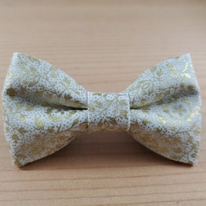 May include: A white bow tie with a gold floral pattern.