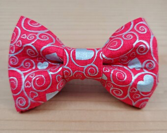 Valentine's Day Silver Hearts Red Bow Tie Dog Cat Collar Washable