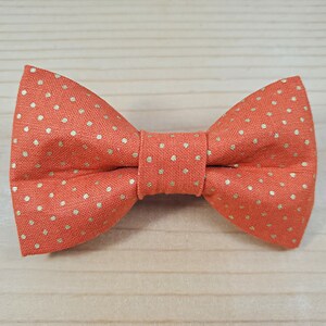 May include: A bright orange bow tie with small gold polka dots. The bow tie is made of a soft, textured fabric.