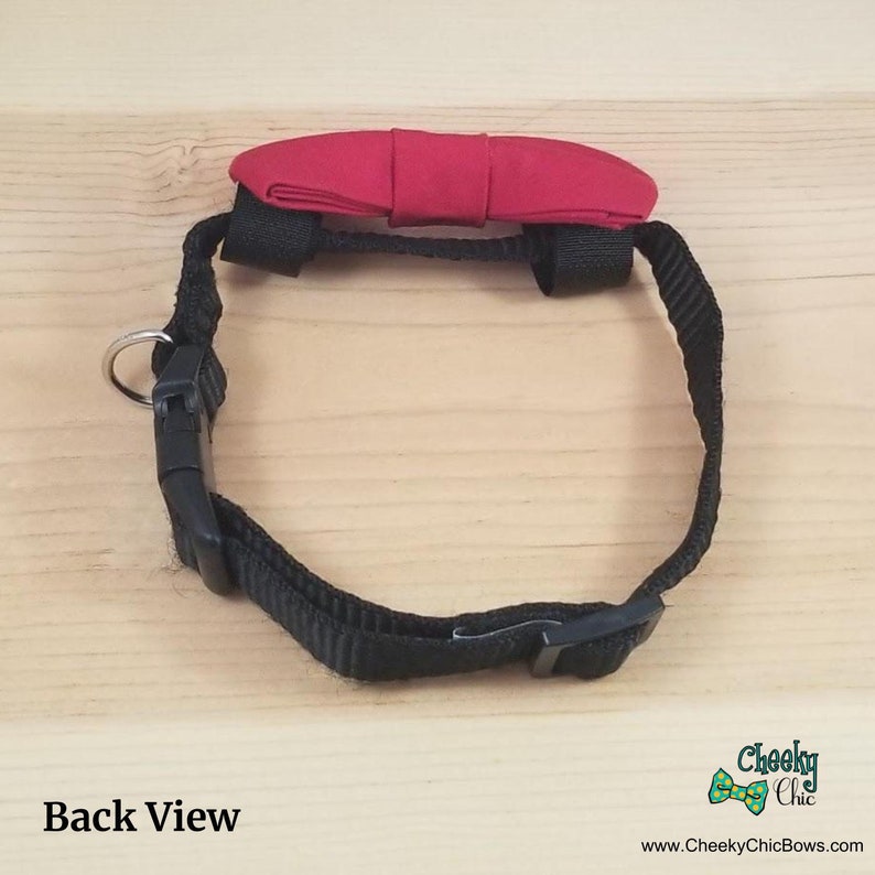 Puede incluir: Vista posterior de un collar de perro negro con una pajarita roja. El collar tiene un anillo en D de metal y una hebilla de pl&aacute;stico. La pajarita est&aacute; hecha de tela y se fija al collar con una correa de velcro. El collar est&aacute; sobre una superficie de madera. "Cheeky Chic" y "www.CheekyChicBows.com" est&aacute;n impresos en la superficie.