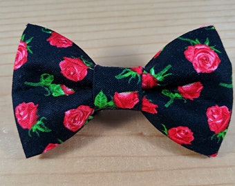 Red Roses Floral Black Bow Tie Dog Cat Collar Washable