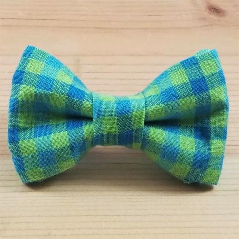 Blue and Lime Green Gingham Plaid Spring Bow Tie Dog Cat Collar Washable