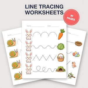 May include: Line tracing worksheets featuring a snail, bunny, carrot, cabbage, basket of eggs, bird, and nest illustrations. The worksheets have dotted lines for tracing and the text "LINE TRACING WORKSHEETS" and "30 PAGES".