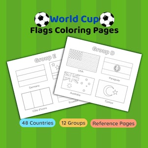 Op de afbeelding: World Cup vlaggen kleurplaten met zwart-witte lijntekeningen van nationale vlaggen georganiseerd in groepen. De pagina's tonen labels voor Groep D en Groep E, inclusief vlaggen voor de VS, Paraguay, Australië, Türkiye, Duitsland en Ivoorkust.