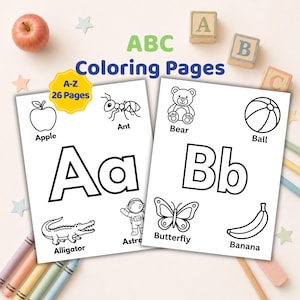 May include: Two white coloring pages featuring the letters A and B with corresponding illustrations of an apple, ant, alligator, astronaut, bear, ball, butterfly, and banana. The text reads ABC Coloring Pages and A-Z 26 Pages.