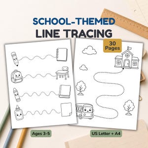 Pode incluir: Duas folhas brancas de exercícios de traçado de linhas com tema escolar e contornos pretos. O texto diz SCHOOL-THEMED LINE TRACING, 30 Pages, Ages 3-5 e US Letter + A4. As ilustrações incluem um lápis, mochila, giz de cera e ônibus.