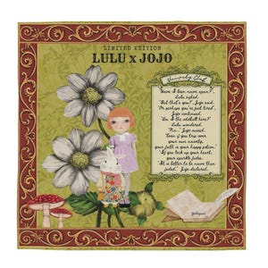May include: A square, limited edition Lulu x Jojo art print. The print features a doll and a rabbit standing near large white flowers and red mushrooms. Text includes "Naively Club" and a poem. The border is green and red.