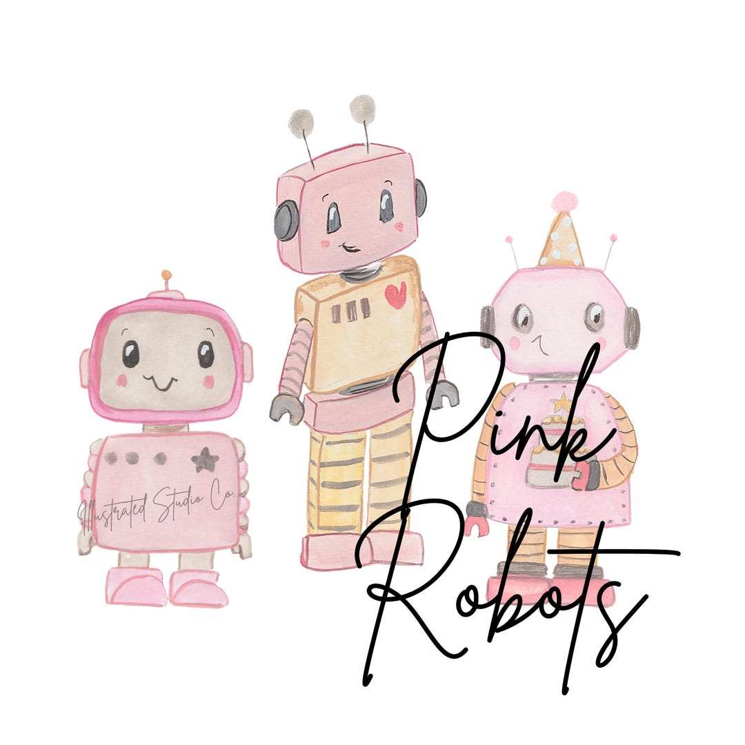 Bot Color Pink Pink Robots Watercolor Clipart Bundle | Birthday Illustration (digital ...