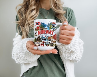 Norge kaffemugg | Norge souvenirmugg | Fjordarnas land present | Skandinavisk kaffekopp | Norsk kulturarvsmugg | Present till reseälskare