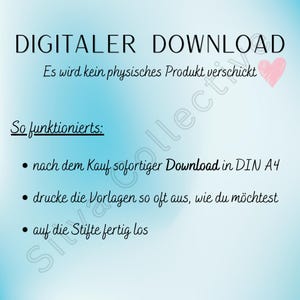 Puede incluir: Gr&aacute;fico de descarga digital sobre un fondo degradado azul. El texto dice "DIGITALER DOWNLOAD" y "Es wird kein physisches Produkt verschickt." Las instrucciones se enumeran a continuaci&oacute;n, incluyendo "nach dem Kauf sofortiger Download in DIN A4."