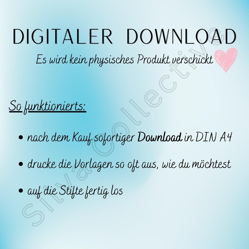 Puede incluir: Gr&aacute;fico de descarga digital sobre un fondo degradado azul. El texto dice "DIGITALER DOWNLOAD" y "Es wird kein physisches Produkt verschickt." Las instrucciones se enumeran a continuaci&oacute;n, incluyendo "nach dem Kauf sofortiger Download in DIN A4."