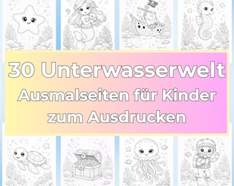 May include: A collection of eight coloring pages featuring underwater creatures, including a starfish, mermaid, shipwreck, seahorse, turtle, treasure chest, jellyfish, and diver. The text reads "30 Underwater World Coloring Pages for Kids to Print."
