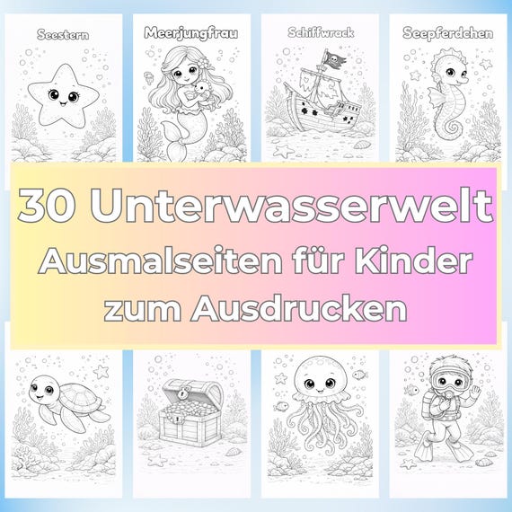 Unterwasser Malvorlagen Kinder,Kawaii, Ozean Tiere Ausmalbilder, Kleinkind Malbuch Printable, Einfache Malseiten, Kids Activity, Party Favor