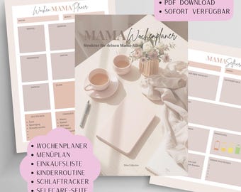 Puede incluir: Una colección de planificadores y cuadernos rosas y beige. El planificador central presenta el texto "MAMA Wochenplaner" y "Struktur für deinen Mama-Alltag." El texto adicional incluye "9 SEITEN," "PDF DOWNLOAD," y "SOFORT VERFÜGBAR." Otras páginas incluyen "WOCHENPLANER," "MENÜPLAN," y "SELFCARE-SEITE."