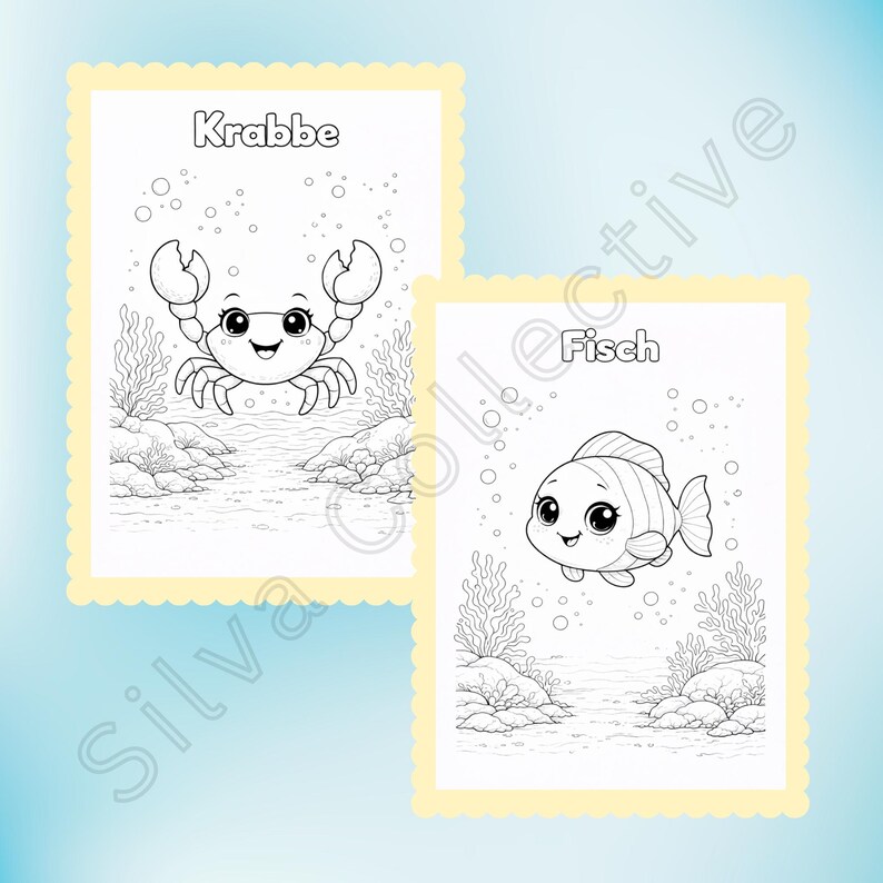 Puede incluir: Dos p&aacute;ginas para colorear con un borde festoneado amarillo. Una p&aacute;gina presenta un cangrejo sonriente con la palabra "Krabbe" encima. La otra muestra un pez sonriente con la palabra "Fisch" encima. Ambas p&aacute;ginas tienen un tema submarino.