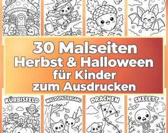 May include: A collection of 30 printable coloring pages for children featuring autumn and Halloween themes. The black and white illustrations include a mushroom house, a witch, an acorn, a bat, a pumpkin patch, a forest, a kite, and a skeleton.