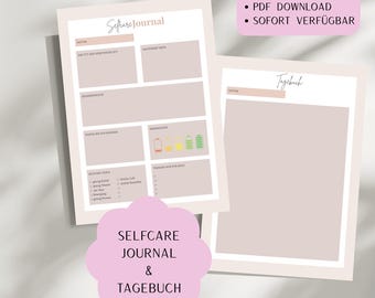 Puede incluir: Diario de autocuidado de dos páginas en tonos rosa pálido y beige. El diario incluye secciones para entradas diarias, seguimiento del estado de ánimo y indicaciones de autocuidado. El texto "Selfcare Journal & Tagebuch" se muestra en un gráfico rosa en forma de flor.