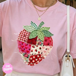 Patchwork Strawberry T-shirt, Quilted Farmhouse Berry Tee, Cottagecore Style
