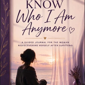 May include: A book cover titled I DON'T KNOW Who I Am Anymore, A GUIDED JOURNAL FOR THE WOMAN REDISCOVERING HERSELF AFTER SURVIVING. BECAUSE YOU DESERVE TO FIND YOU AGAIN. WRITTEN BY Marie Delgado. It features a person looking at a sunset by a window.
