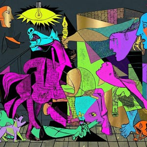 Puede incluir: Impresión de arte digital abstracto que presenta una composición caótica de figuras y formas en colores vibrantes. La obra de arte incluye un caballo, un toro y rostros humanos, con una bombilla y un perro. La paleta de colores incluye rosa, verde, azul y dorado.