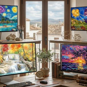 Puede incluir: Cuatro monitores de ordenador que muestran obras de arte coloridas. El monitor superior izquierdo muestra un paisaje tropical con un cielo estrellado. El monitor inferior izquierdo muestra una escena de cascada con colores otoñales. El monitor superior derecho muestra un paisaje con globos. El monitor inferior derecho muestra una escena de puesta de sol.