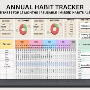 May include: A laptop screen shows an "Annual Habit Tracker" spreadsheet. The tracker includes sections for daily and monthly progress, with a vision board and a journal/mood tracker. The text reads "15 Tabs | For 12 Months | Reusable | Missed Habits Alert."