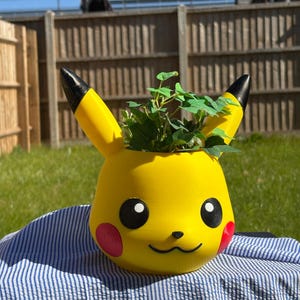 May include: A yellow planter shaped like the head of a Pikachu character with two tall ears featuring black tips, large black eyes, a small nose, a curved mouth, and round red cheeks. A small green leafy plant is growing out of the top of the planter.
