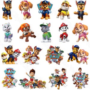 Könnte beinhalten: Eine Sammlung farbenfroher Paw Patrol-Charakteraufkleber. Die Aufkleber zeigen verschiedene Hunde in Uniformen und das Paw Patrol-Logo. Die Charaktere sind in verschiedenen Posen und Outfits, mit leuchtenden Farben und detaillierten Designs.