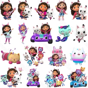 Puede incluir: Una colección de ilustraciones digitales que muestran a una niña de cabello castaño rizado con diademas de orejas de gato, acompañada de varios personajes felinos coloridos y estilizados, incluyendo un gato sirena y un coche de juguete morado.