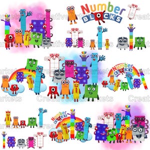 Könnte beinhalten: Eine Sammlung farbenfroher Numberblocks-Charaktere in verschiedenen Posen. Das Bild zeigt Charaktere in verschiedenen Formen und Größen, mit dem Text "Number Blocks" und einem Regenbogen. Die Charaktere sind in einer Vielzahl von Farben, darunter Rot, Blau, Grün und Orange.