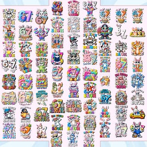 Pacote com mais de 70 imagens PNG de coelhinhos da Páscoa, incluindo imagens da Six Seven Kids Easter e da Six Seven Bruh.