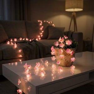 Op de afbeelding: Een witte salontafel toont een slinger van roze bloemvormige lichtsnoeren. Een bloempot met roze bloemen staat op de tafel, met meer lichtjes eromheen. Een bank en lamp op de achtergrond creëren een gezellige sfeer.