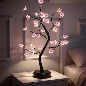 Körsbärsblomsträdslampa | Nattlampa med beröringssensor | LED-bonsaibordslampa | USB-driven skrivbordsdekoration | Rosa blomträdslampa