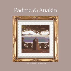 May include: A framed cross-stitch pattern featuring a couple kissing on a balcony overlooking a scenic landscape. The frame is ornate gold, and the text "Padme & Anakin" is at the top. The words "DIGITAL DOWNLOAD PATTERN" are at the bottom.
