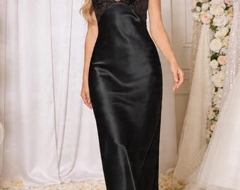 Camicia da notte in raso di seta, abito da notte di lusso, pigiama in raso di seta, elegante camicia da notte lunga, pigiama in raso di pizzo, abbigliamento da casa in raso da donna