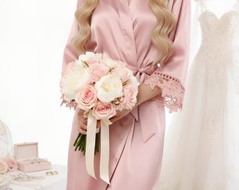 Kimono personalizado de encaje para novia, bata de seda, bata de lujo para la mañana de la boda, kimono de satén estilo japonés.