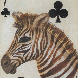 Arte original ACEO da zebra/cartão de jogo vintage alterado. O 7 de Paus com uma pintura em miniatura de uma Zebra